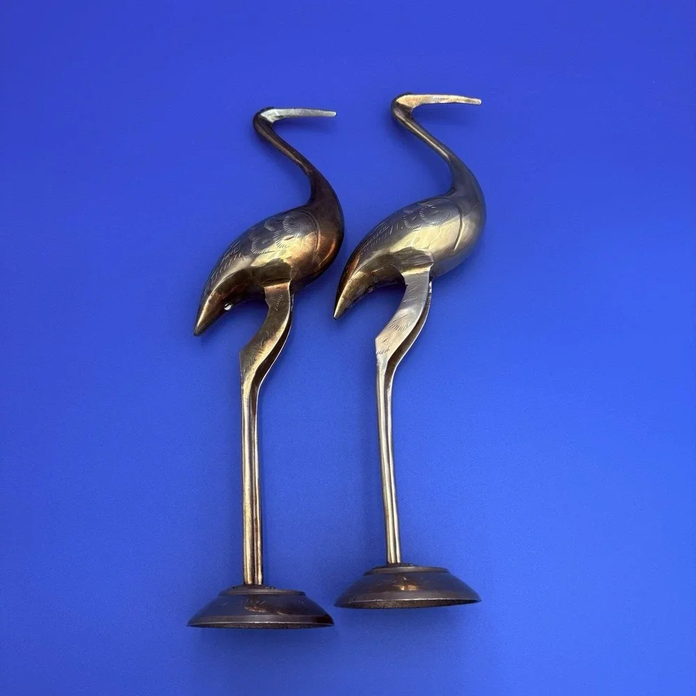 2 Lrg Brass Crane Egret Heron BIRDS Figurines on Pedestal 13